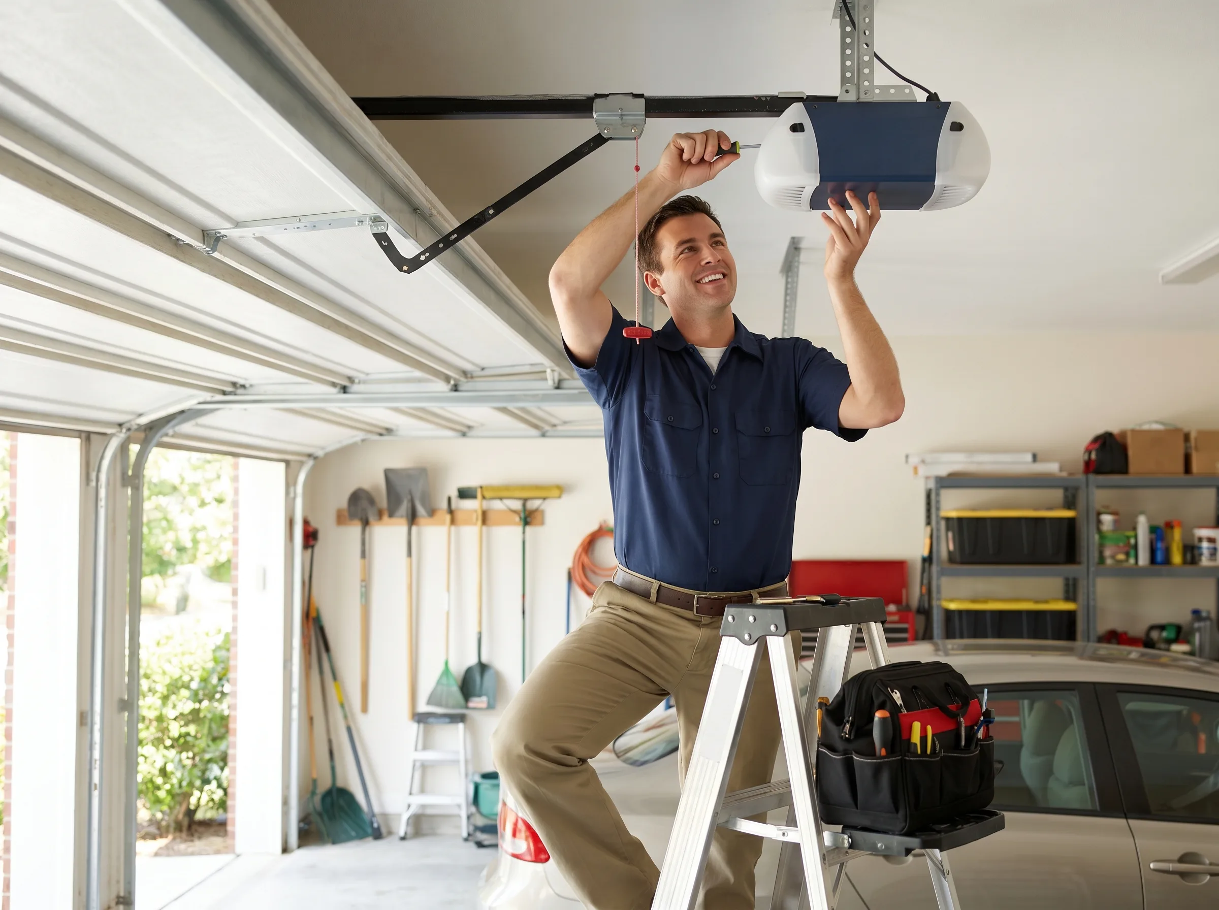 Technician servicing a garage door opener motor