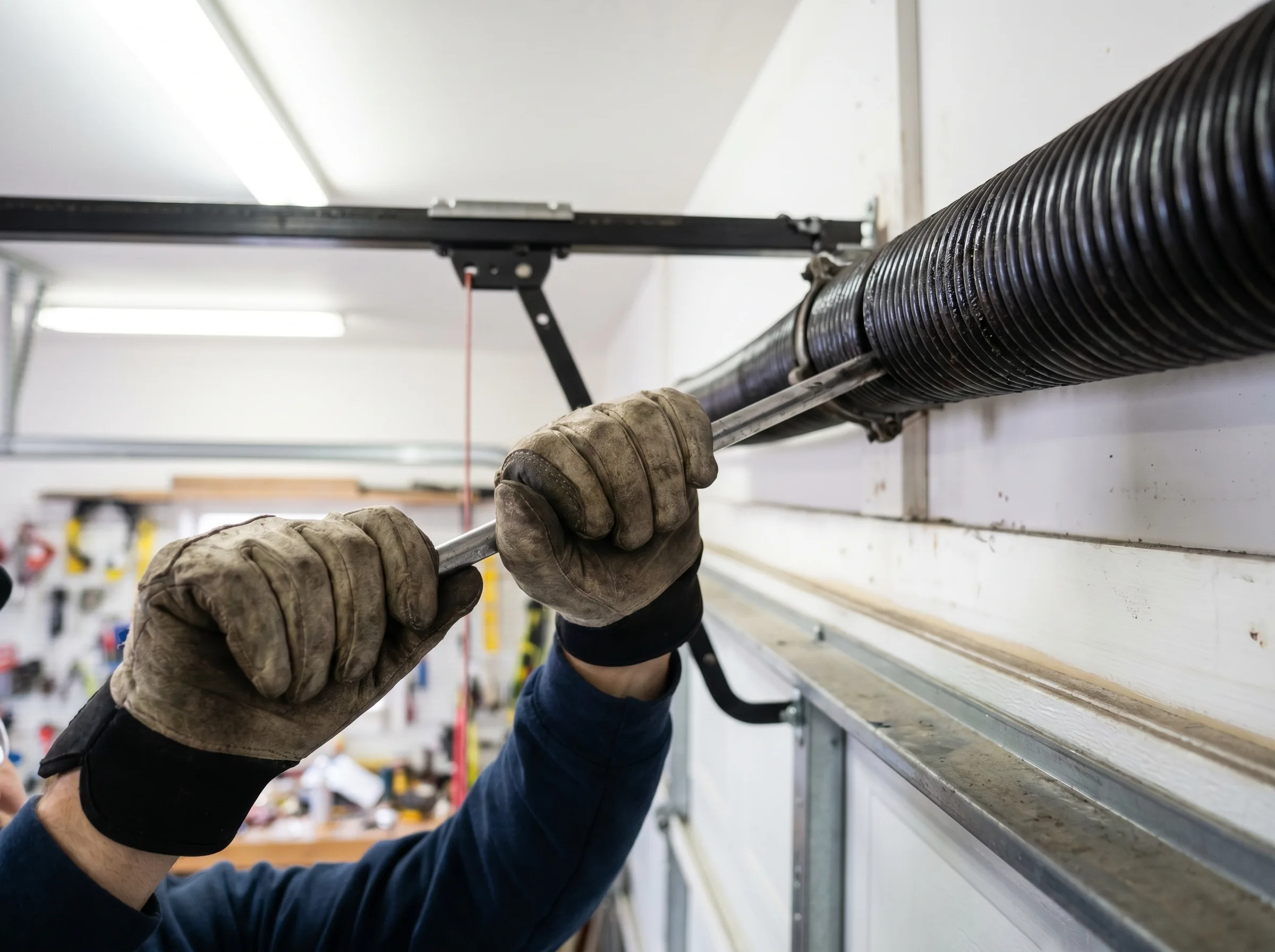 Technician repairing a broken garage door torsion spring